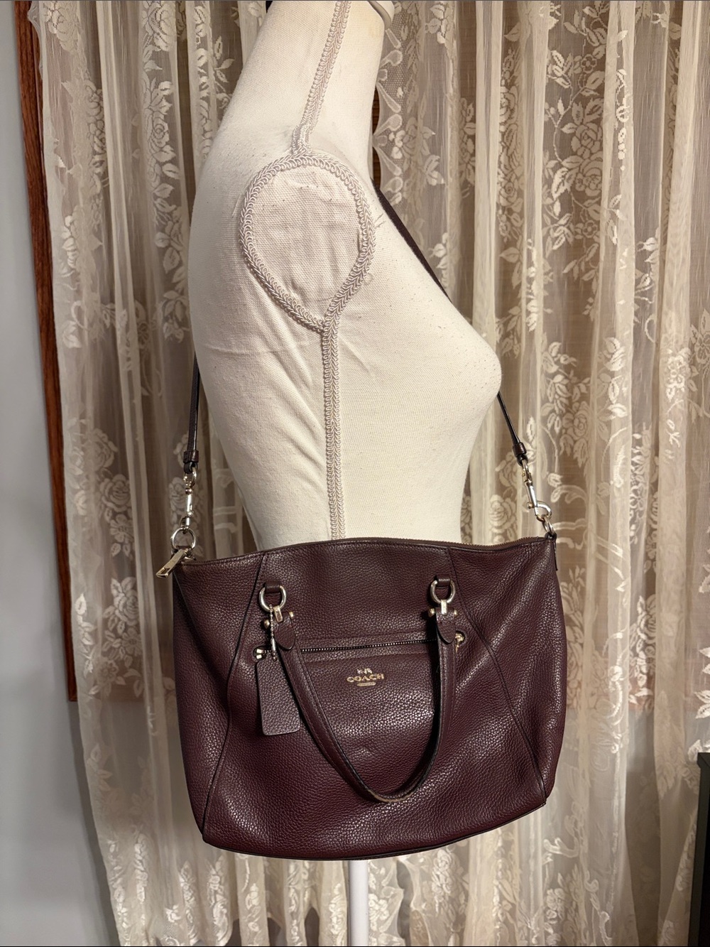 Coach Pebbled Leather Shoulder Bag in Burgundy